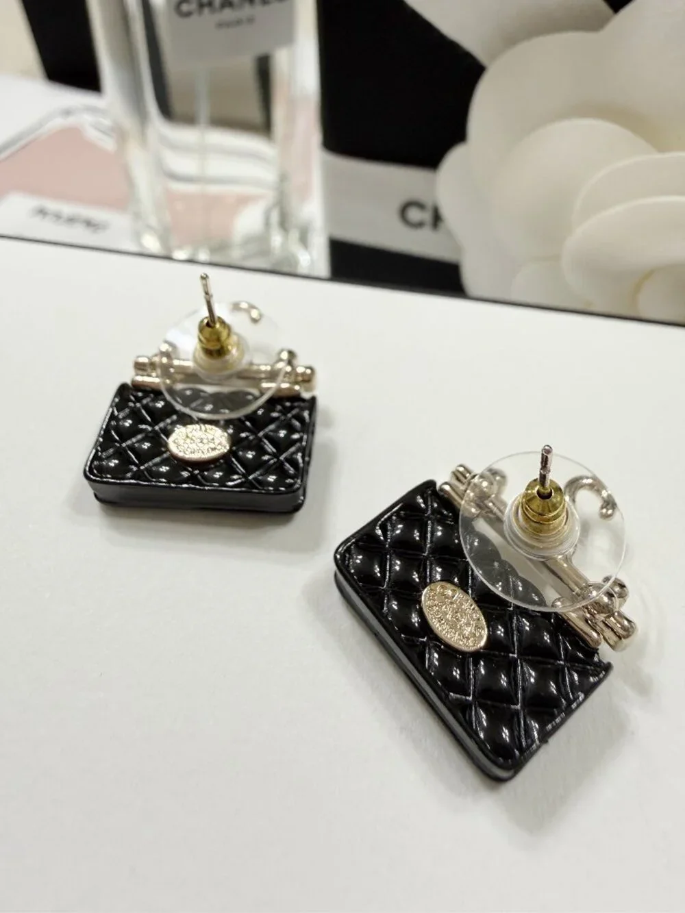 CHANEL Black Quilted Bag Hanger CC Stud Earrings